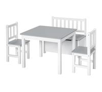 HOMCOM Mesa Infantil con 2 Sillas y Banco con Almacenaje Gris y Blanco | Mesa y Sillas Infantiles de 4 Piezas, Juego de Muebles para Actividades, para Niños de +3 Años, Dormitorio Sala de Juegos