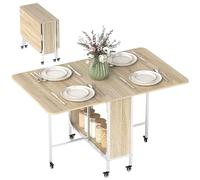 HOMCOM Mesa Plegable de Comedor con Ruedas 130x80x74 cm Madera Natural