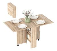 HOMCOM Mesa Plegable de Comedor con Ruedas 75x140x74 cm Natural | Mesa de Cocina Plegable, Alas Abatibles, Estantes, para 4-6 Personas
