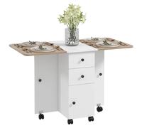 HomCom Mesa plegable de comedor con ruedas, alas abatibles, 2 cajones, Blanco/Natural