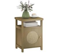 HOMCOM Mesita de Noche con Puerta de Ratán, Mesilla de Noche con Estante Abierto y Compartimento, Mesa Auxiliar para Dormitorio, Salón, 40x35x55 cm, Madera Natural Madera Natural 40x35x55 cm