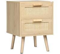 HOMCOM Mesita de Noche de Diseño Boho con 2 Cajones 40x40x56 cm Natural | Mesilla de Noche, 2 Cajones de Rejilla, Patas de Madera, para Salón Dormitorio