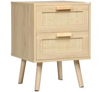 HomCom Mesita de noche Diseño Boho con 2 cajones de rejilla y patas de madera 40x40x56 cm Natural