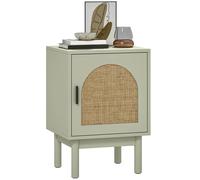 HOMCOM Mesita de Noche Mesilla de Noche con Puerta de Ratán Estante Ajustable y Patas de Madera Estilo Bohemio Mesa Auxiliar Verde militar 40x35x58 cm