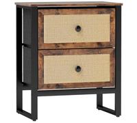 HOMCOM Mesita Noche 2 cajones ratán almacenaje Patas Acero Marrón rústico | Mesa auxiliar, mesita de noche, para dormitorio, salón