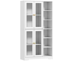 HOMCOM Mueble alto de cocina, vitrina con 4 puertas con cierre suave en vidrio templado, 90x35x172cm, blanco