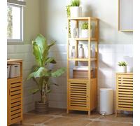 HOMCOM Mueble columna de almacenamiento para baño, bambú natural, diseño 36L x 33l x 140H cm, 2 estantes, 4 niveles + armario