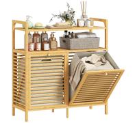 HOMCOM Mueble Ropa Sucia de Bambú Bolsas de Ropa Extraíbles y Lavables con Asa Estantes Abiertos Natural Caqui