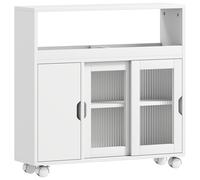 HOMCOM Mueble de baño con ruedas, estante regulable, puerta corredera de vidrio templado, Blanco