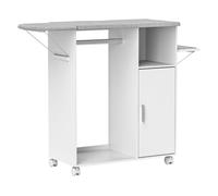 Homcom mueble de planchar de madera mueble de planchado tabla de planchar plegable con ruedas barra para colgar ropa estante abierto estantes ajustables para sala dormitorio 127x42,5x99 cm blanco