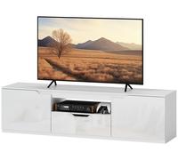 HOMCOM: Mueble de TV de alto brillo para televisores de hasta 65 pulgadas, con 3 compartimentos, un cajón y color blanco