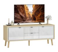 HOMCOM Mueble de TV Moderno de 2 Puertas, Mesa TV para Salón con 2 Cajones, Orificios Pasacables, Estantes Extraíbles y Ajustables, para Televisión 55 Pulgadas, 120x35x50 cm, Blanco Brillo y Roble BLA