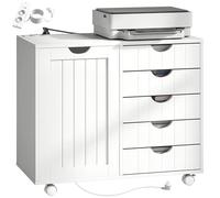 HOMCOM Mueble para Impresora con Estación de Carga y Ruedas, Soporte para Impresora, Cajonera para Escritorio con 5 Cajones, Puertos USB, Estante Ajustable para Archivador, Oficina en Casa, Blanco