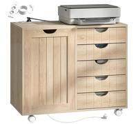 HOMCOM Mueble para Impresora con Estación de Carga y Ruedas, Soporte para Impresora, Cajonera para Escritorio con 5 Cajones, Puertos USB, Estante Ajustable para Archivador, Oficina en Casa, Natural