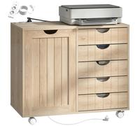 HOMCOM Mueble para Impresora con Estación de Carga y Ruedas, Soporte para Impresora, Cajonera para Escritorio con 5 Cajones, Puertos USB, Estante Ajustable para Archivador, Oficina en Casa, Blanco