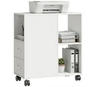 HOMCOM Mueble para Impresora con Ruedas 2 Cajones Estante Ajustable Blanco | Mesa para Impresora con 3 Compartimentos Abiertos para Documentos Tamaño A4, Carta, Archivador Móvil para Oficina en Casa