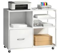 Homcom mueble para impresora con ruedas, mesa para impresora con estantes abiertos y cajón para documentos tamaño a4 y carta, archivador móvil para oficina en casa, blanco 65.5 cm