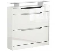 HOMCOM Mueble para zapatos de 2 Puertas para 16 Pares de Zapatos con Cajón Estante Abierto y Encimera de Vidrio 89x23x96 cm Blanco Aosom España