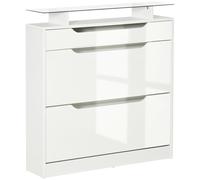 HOMCOM Zapatero Estrecho de 2 Puertas para 16 Pares 89x23x96 cm Blanco | Mueble Zapatero, Cajón, Estante Abierto, Encimera de Vidrio, para Pasillo Entrada