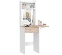 HOMCOM Pequeño tocador con Espejo, Luces LED Ajustables, ala abatible, Escritorio con estantes Abiertos y cajón, Mesa de Maquillaje compacta para Espacios pequeños, Dormitorio, Blanco y Madera