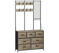 HOMCOM Perchero 4 en 1, mueble de entrada con 7 cajones plegables de tela, 14 ganchos y panel de rejilla, gris efecto madera