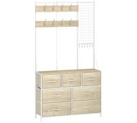 HOMCOM Perchero 4 en 1, Mueble de Entrada con 7 Cajones Plegables de Tela, 14 Ganchos y Panel Rejilla, Roble