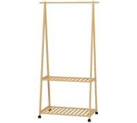 HOMCOM Perchero Burro para Ropa de Bambú con Ruedas 2 Estantes Abiertos y 2 Ganchos 84,5x43,5x158 cm Natural