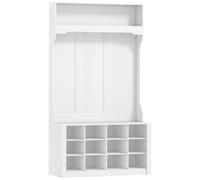 HOMCOM Perchero con Estante, Banco, Ganchos, Compartimentos para Zapatos, Tablero de partículas, MDF, Blanco