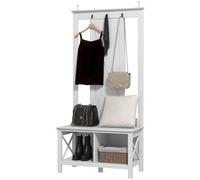 HOMCOM Perchero con Zapatero de Madera Perchero de Pie con Banco 2 Estantes y 3 Ganchos para Colgar Ropas para Pasillo Recibidor Entrada 80,5x40x168 cm Blanco