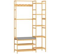 HOMCOM Perchero con zapatero, ganchos para ropa, perchero para abrigos, banco con cojín, para pasillo, entrada, madera natural Aosom España