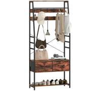 HOMCOM Perchero con zapatero Hall Tree Hall Stand Marrón Rústico | Perchero industrial con banco para zapatos, 10 Ganchos extraíbles, 2 Cajones de tela, Barra para ropa, Entrada Pasillo