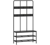 HOMCOM Perchero de Entrada 3 en 1 con 6 Ganchos y Banco con Zapatero, 91x36x180 cm, Negro