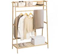 HOMCOM Perchero de Pie de Bambú 2 Estantes 2 Ganchos 114x40x139 cm Natural | Perchero para Ropa, Barra Colgante, Estantes de Almacenaje, Ganchos Laterales, para Entrada Dormitorio Oficina