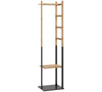 HOMCOM Perchero de Pie de Bambú con 2 Estantes 2 Ganchos 5 Barras con Estructura de Acero para Colgar Ropa Natural y Negro