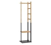 HOMCOM Perchero de Pie de Bambú, con 2 Estantes, 2 Ganchos, 5 Barras, Perchero de Entrada Recibidor con Estructura de Acero, para Colgar Ropa, en Pasillo, Sala de Estar, Dormitorio, Natural y Negro