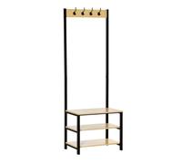 Homcom perchero de pie perchero metálico zapatero con 3 estantes y 4 ganchos para colgar ropas para pasillo entrada 60x40x175 cm negro y natural