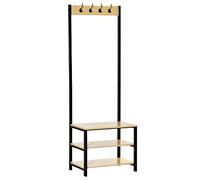 Homcom perchero de pie perchero metálico zapatero con 3 estantes y 4 ganchos para colgar ropas para pasillo entrada 60x40x175 cm negro y natural