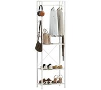 HOMCOM - Perchero para ropa, armario de entrada con barra de suspensión, 4 ganchos, zapatero de 2 niveles y estante de almacenamiento abierto, 52 x 30 x 180 cm, color blanco