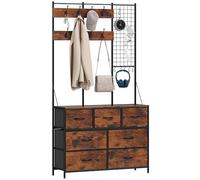 HOMCOM Perchero Zapatero 4 en 1 Perchero Entrada Recibidor con Zapatero 14 Ganchos 7 Cajones de Tela y Estante Estilo Industrial para Pasillo Dormitorio Salón 100x30x183 cm Marrón Rústico Caqui oscuro