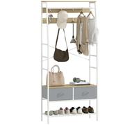 HOMCOM Perchero Zapatero Perchero Entrada Recibidor con Zapatero 8 Ganchos 2 Cajones de Tela Barra Estante de Malla Estilo Industrial para Colgar Ropa Pasillo Dormitorio Salón 80x30x180,5 cm Natural