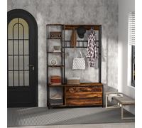 HOMCOM Perchero Zapatero Perchero Entrada Recibidor 4 en 1 con Banco Zapatero de 2 Pisos Estantes Ganchos Compartimento y Sistema Anti-vuelco para Pasillo Dormitorio 120x35x180 cm Marrón Oscuro Dark b