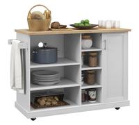 HOMCOM - Postre con ruedas, carrito de cocina, 7 compartimentos abiertos, 1 armario, 1 puerta, 129 x 51 x 93 cm, madera y blanco