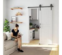HOMCOM Puerta Corredera de Granero con Herrajes 71,5x213,4 cm Puerta Corredera de Interior con Manija Rodillo y Guía de Suelo Mejorados para Baño Salón Sala de Estar Blanco