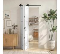 HOMCOM Puerta Corredera Plegable con Herrajes 91,4x213,4 cm, Puerta Corredera Interior con Rodillo, Riel de Acero, Guía de Suelo, Manija, para Baño, Salón, Sala de Estar, Blanco