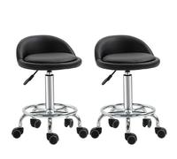 HOMCOM set 2 taburetes con ruedas, taburete de trabajo pivotante ° Asiento ajustable de 47-62 cm de altura, respaldo ergonómico de acero cromado con revestimiento sintético negro