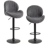 HOMCOM Set 2 taburetes de Bar Chenille Ajustables 62-83cm Gris | Taburetes de bar giratorios 360° con asiento acolchado, respaldo y reposapiés, base acero, para isla cocina y comedor