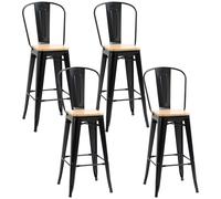 HOMCOM Set de 4 Taburetes de Bar Industriales con Respaldo Reposapiés Altura del Asiento 76 cm Paneles Multicapa de Metal Negro Imitación Madera Clara Black
