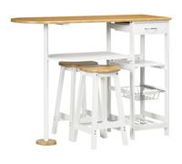 HOMCOM Set de Mesa de Bar de 119x38,5x88,5 cm con Cesta Extraíble y Botellero y 2 Taburetes de 29x29x55 cm Blanco Aosom España