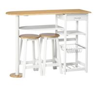 HOMCOM Set de Mesa de Bar de 119x38,5x88,5 cm con Cesta Extraíble y Botellero y 2 Taburetes de 29x29x55 cm Blanco Blanco Natural