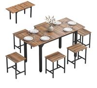 HOMCOM Set de Mesa y sillas de 7 Piezas 120-160cm Negro Nogal | Set de comedor industrial para 4-6 personas, con mesa extensible y 6 sillas ahorradoras de espacio, patas de acero.